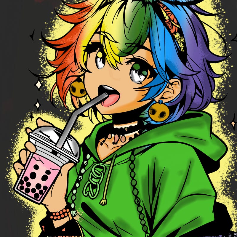 hot baddie anime girl drinking boba and biting the straw