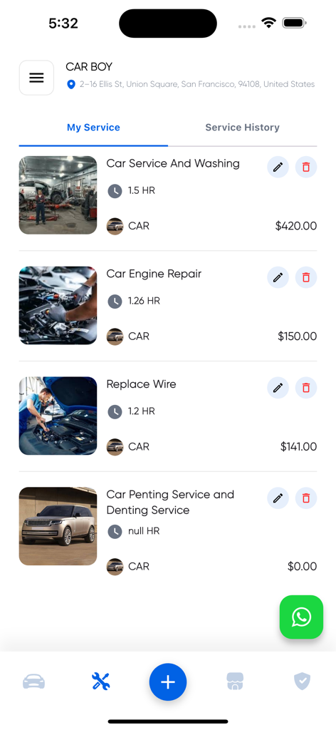 Mobile app screen showing a list of car services including washing engine repair and painting with prices