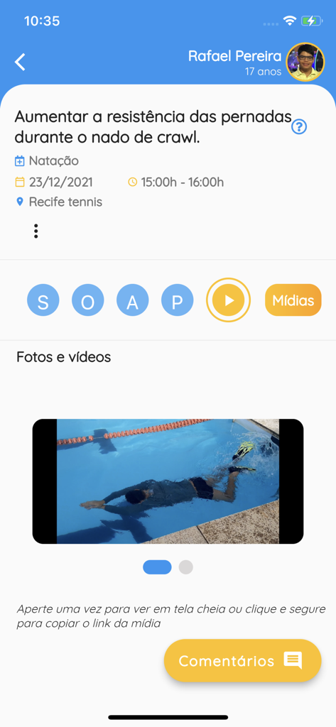 TiTa Therapy - Schermata dell'app Tita Therapy che mostra un video di una sessione di nuoto per il monitoraggio dei progressi