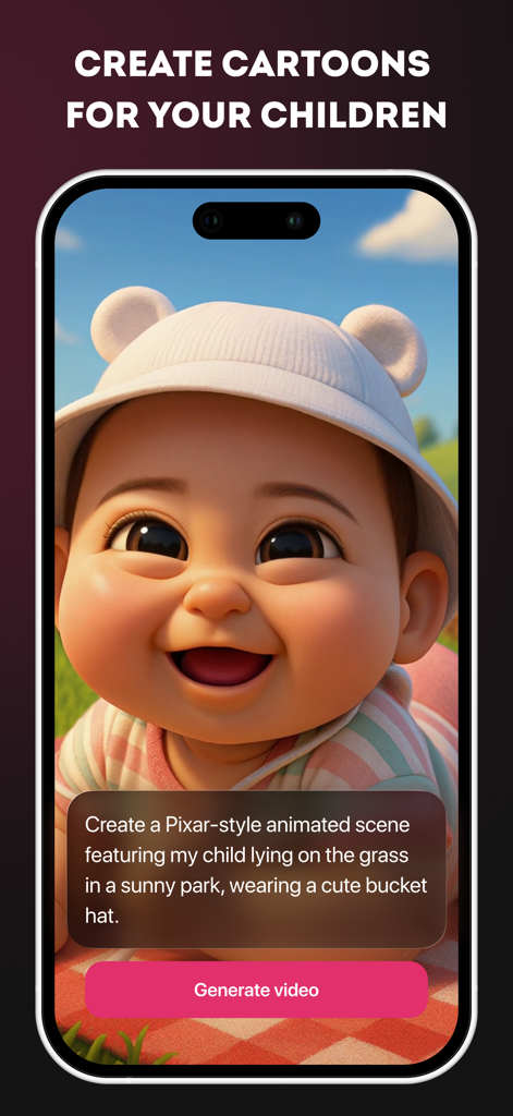 Yammi-App-Oberfläche, die ein von KI generiertes Cartoon-Baby und eine Textaufforderung zur Erstellung einer Pixar-artigen Szene zeigt