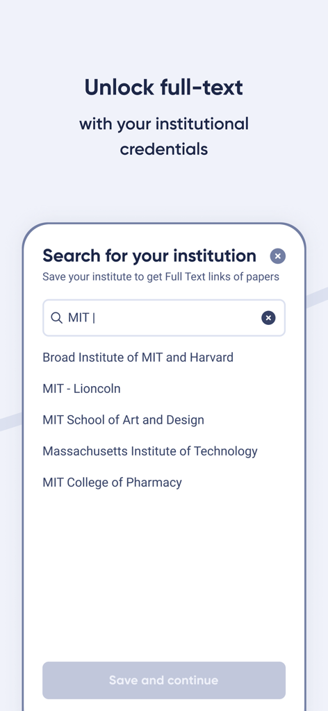 R Discovery: Academic Research - Mobile interface showing the option to unlock full-text research papers using institutional credentials from universities like MIT.