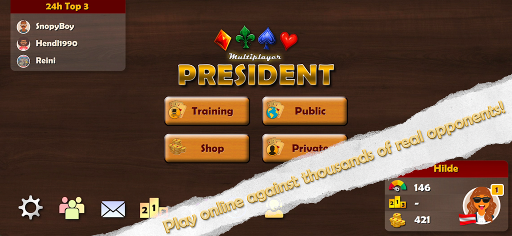 Menú principal de Presidente Card Game Online que muestra entrenamiento multijugador y opciones de sala privada con una tabla de clasificación global.