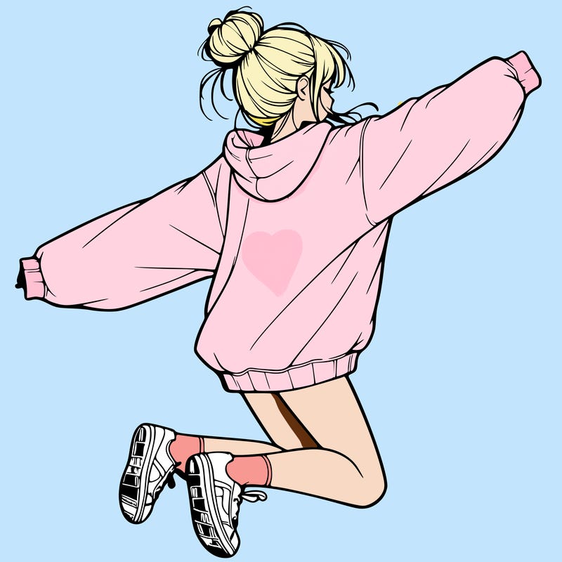 realistic girl jumping with a bun and oversized sweatshirt