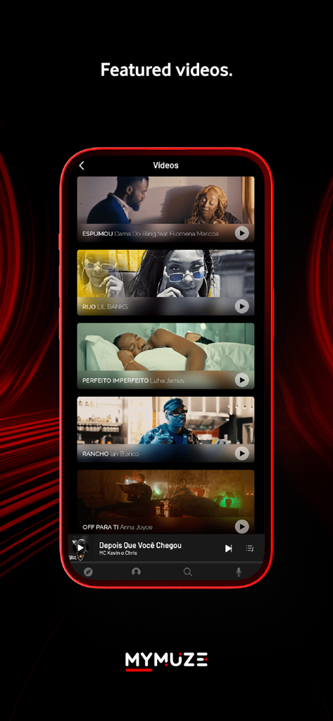 MyMuze (Music and Podcasts) - Screenshot of the MyMuze app displaying a list of featured music videos from African artists.