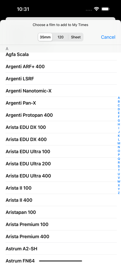 Massive Dev Chart Timer - Film type selection list within the Massive Dev Chart Timer app showing various film brands and formats