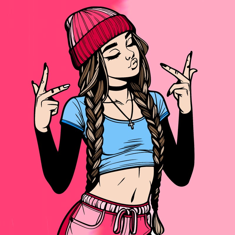realistic teenage girl with braids and a beanie and crop top doing 🫶🏼