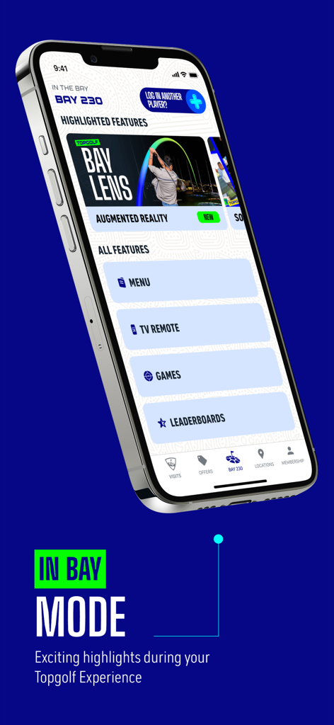 Topgolf - Topgolf-App im Buchtmodus mit digitalen Funktionen wie TV-Fernbedienung und Ranglisten.