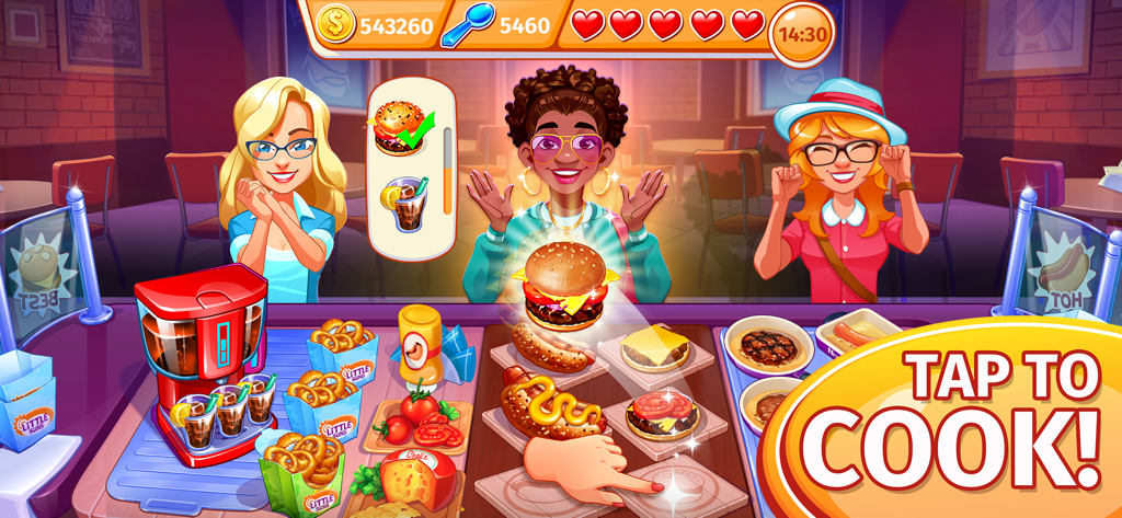 Fast paced gameplay of Cooking Craze showing a chef preparing burgers and hotdogs for customers in a restaurant