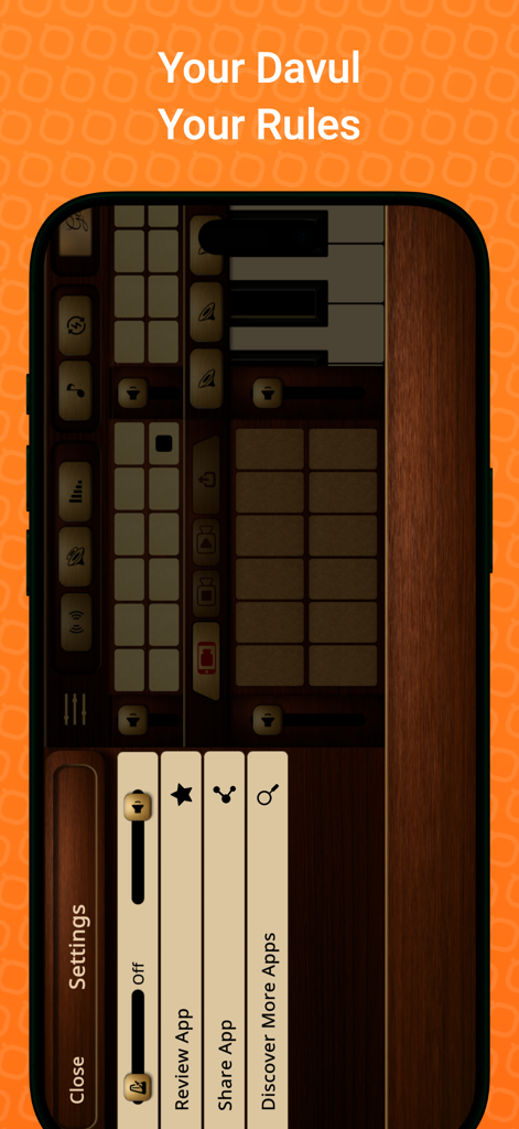 The settings menu of the Davul and Zurna app featuring a wood-textured instrument interface and customizable options.