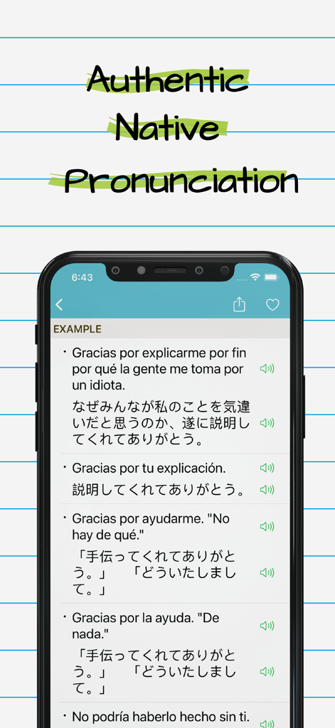 Japanese Spanish Dictionary + - Interfaz de la aplicación Diccionario Japonés Español que muestra frases de ejemplo en español y japonés con iconos de pronunciación de audio nativo.
