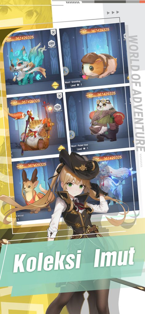 Utopia Awan game screen showing a variety of cute fantasy pets and a stylish anime character