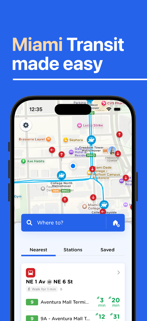 Next Ride Miami-Dade Transit - Next Ride Miami app interface showing a real-time transit map and live bus arrival schedules for Miami-Dade
