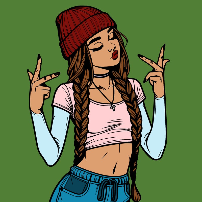 realistic teenage girl with braids and a beanie and crop top doing 🫶🏼