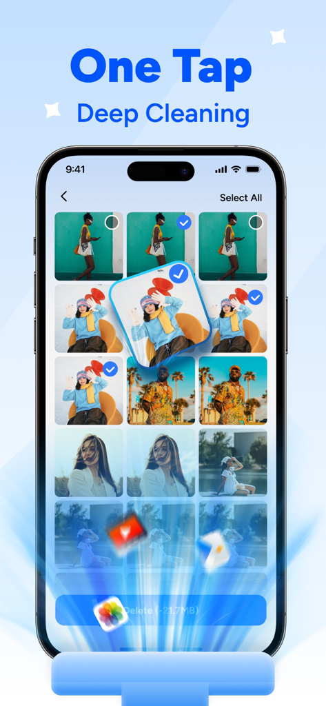 iPhone screen showing the one tap deep cleaning feature to delete similar photos