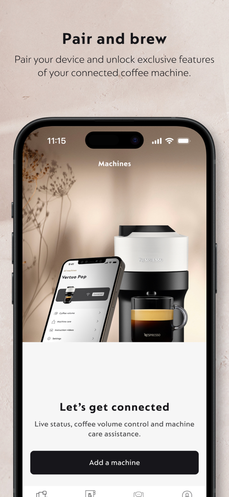 연결된 머신과 함께 페어링 및 추출을 위한 Nespresso Smart 앱 화면