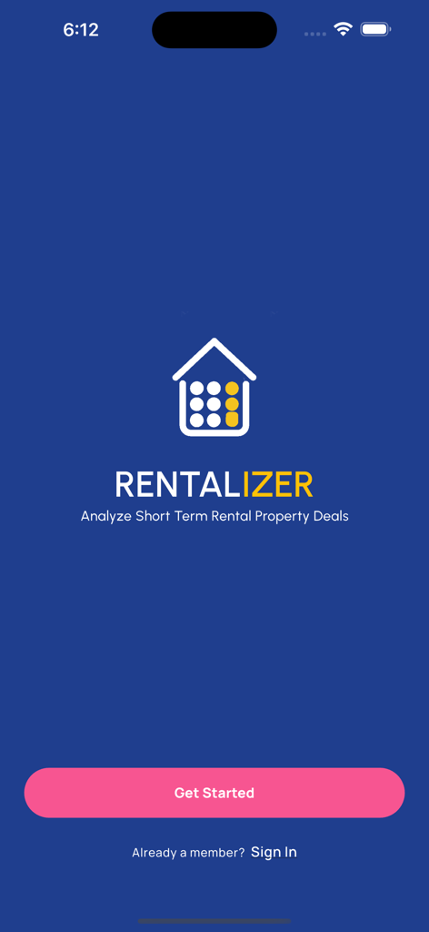 Rentalizer app welcome screen showing the logo and get started button for analyzing short term rental property deals