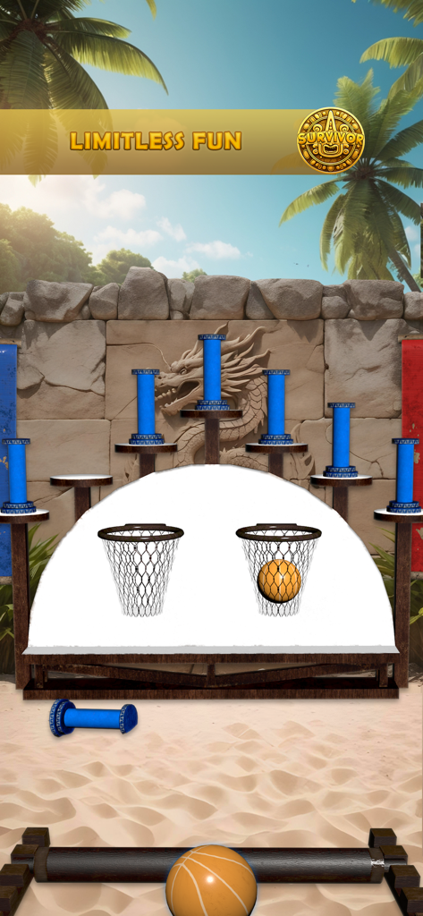 Survivor Duel mobile game gameplay featuring a tropical beach level with physics-based targets and obstacles