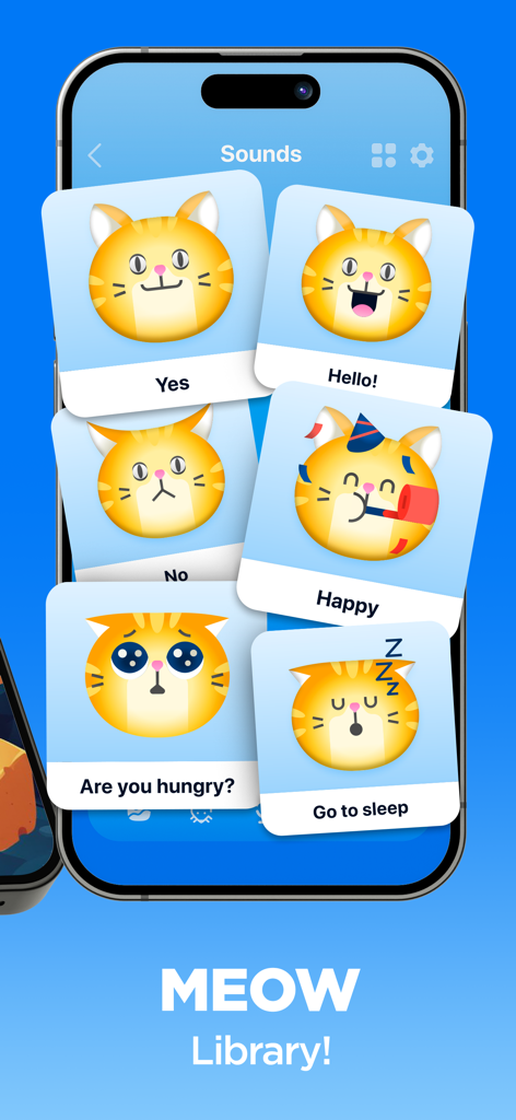 CatTok mobile app Meow Library showing different cat sounds and emotions with cute emojis