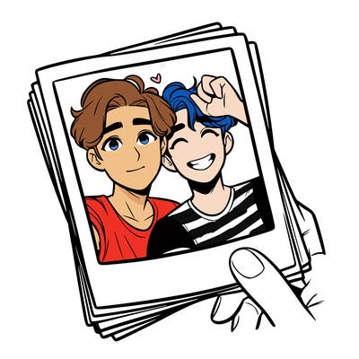 realistic, best friends taking a polaroid picture