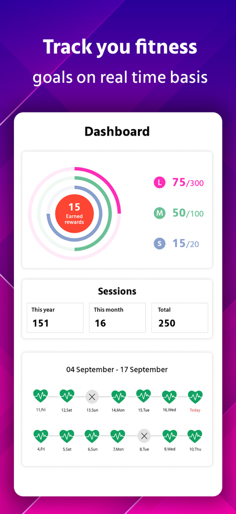 Growfitter - Growfitter mobile app dashboard showing real time fitness goal tracking and earned rewards