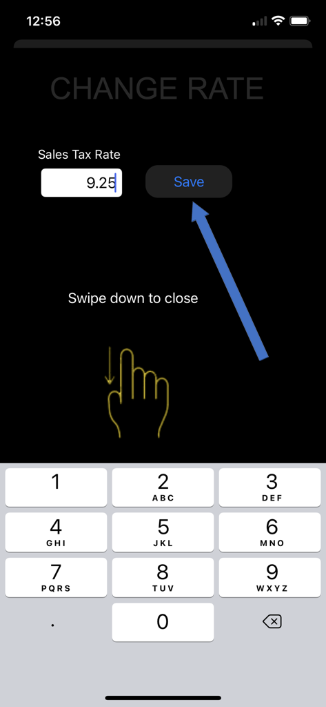 Interface de l'écran de l'application mobile pour saisir et enregistrer un pourcentage de taux de TVA personnalisé.