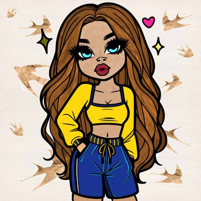 girl with crop top and sweat pants and long hair and big lips and eye liner