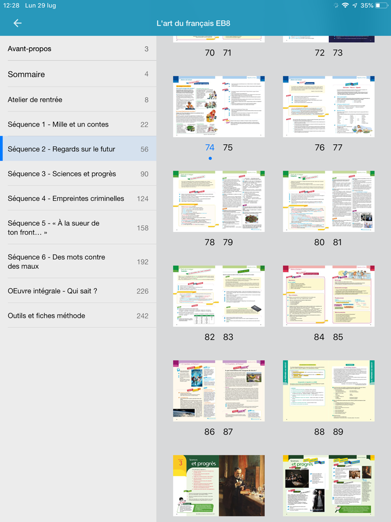 Hachette Antoine EDU - Interface of the Hachette Antoine EDU app showing a digital French textbook with a table of contents and page thumbnails on an iPad.