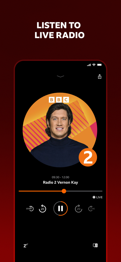 BBC Sounds app interface showing a live radio broadcast of Vernon Kay on Radio 2 with playback controls.