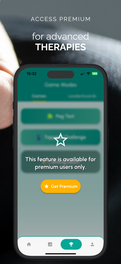 Steady Hands - tremor meter - Steady Hands app screen displaying a premium upgrade prompt for advanced hand tremor therapies.