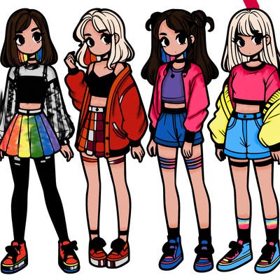 one girl with crop-top shirt and a jacket with a skirt, long socks and another girl with a shirt and pants with a jacket