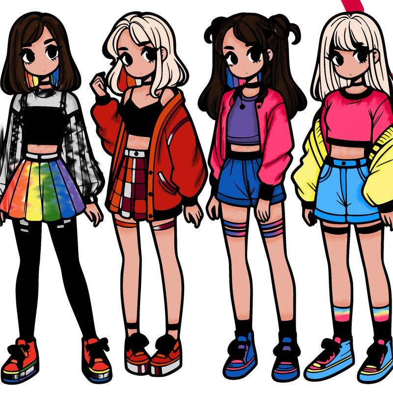 one girl with crop-top shirt and a jacket with a skirt, long socks and another girl with a shirt and pants with a jacket