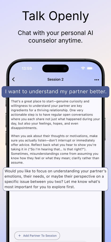 BetterCouple: AI For Couples - Interface of the BetterCouple app showing a chat session with an AI relationship counselor providing communication advice.