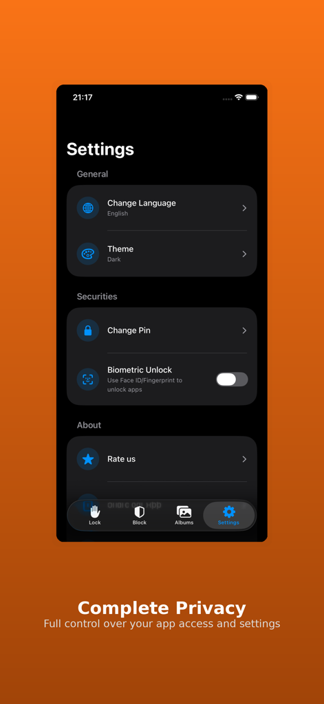 AppLock - Privacy & Security - Settings screen of the AppLock app showing security and privacy configuration options