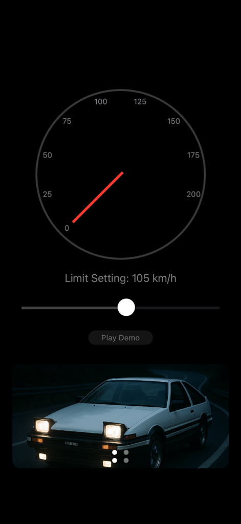 Interface do aplicativo Som Nostálgico 86 apresentando um medidor de velocidade retrô e uma imagem de um Toyota AE86 em uma estrada de montanha