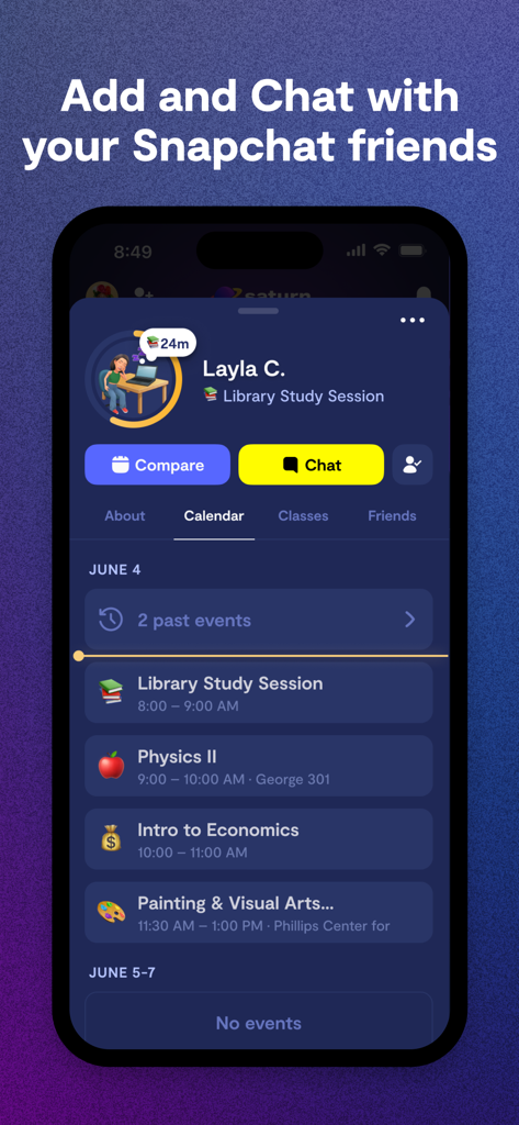 A student profile view in Saturn Calendar showing a daily class schedule with buttons to compare schedules and chat with friends.