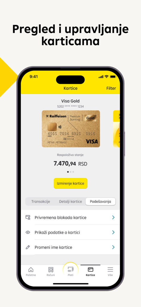 Moja mBanka Raiffeisen - Moja mBanka Raiffeisen app Visa Gold card management screen showing balance and settings