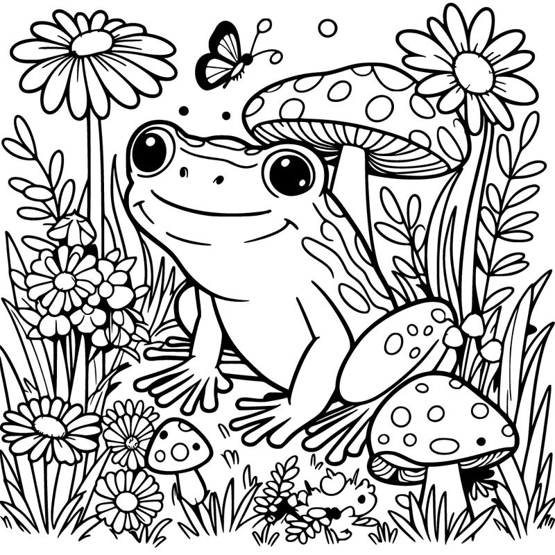 frog in field with flowers and mushrooms