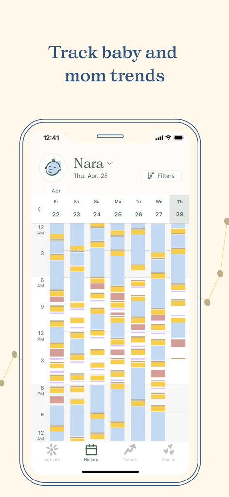 A mobile phone screen showing a detailed color-coded daily activity chart and history for baby tracking in the Nara app.