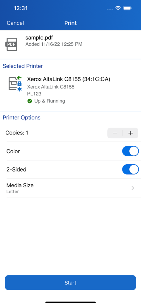 Xerox® Workplace - Xerox Workplace アプリのインターフェイス。PDF ドキュメントの印刷設定とプリンターの状態が表示されます。