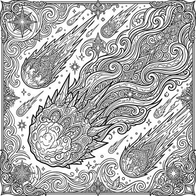 Explore the dark elegance of space with this Gothic Oort Cloud Comets coloring page, featuring detailed celestial bodies and intricate cosmic trails. Immerse yourself in a universe of swirling patterns and mystical beauty, perfect for a unique coloring experience.