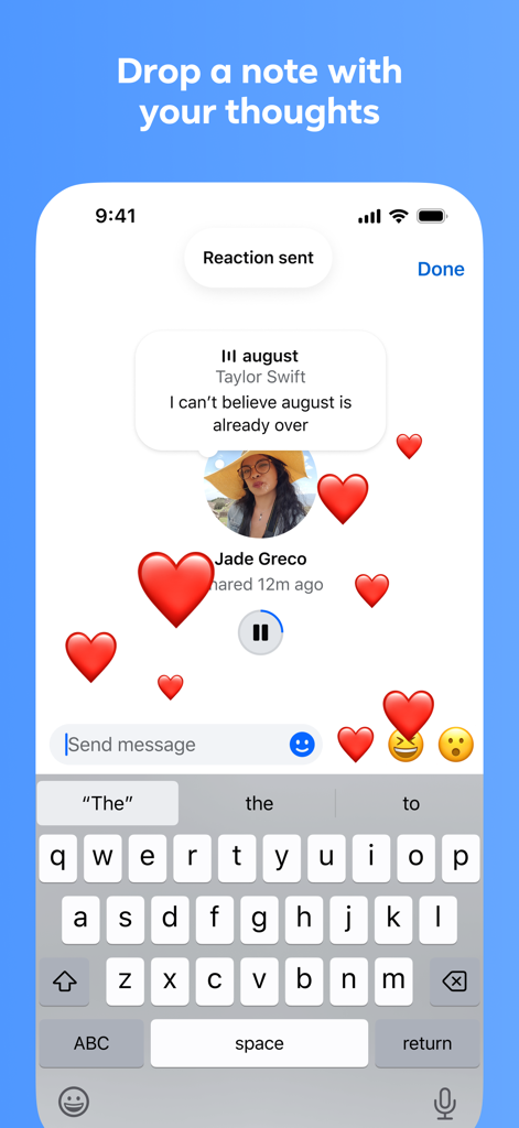 Messenger-App-Oberfläche, die die Notizenfunktion mit einem Status-Update, Musik und schwebenden Herzreaktionen zeigt