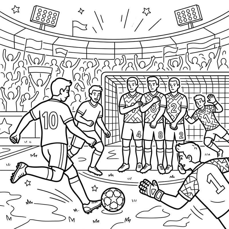 Get ready for an intense moment on the field with this action-packed free kick soccer coloring page. Capture the excitement of a crucial shot with your creative coloring skills.
