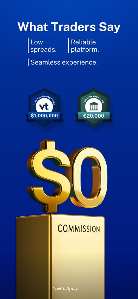VT Markets-Online Trading - VT Markets Online-Trading-App-Bildschirm mit Null-Provision und Versicherung für Kundengelder