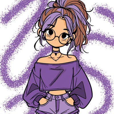 girl with a messy ponytail glasses a baggy crop top and jean shorts