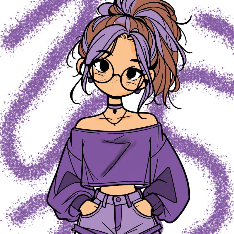 girl with a messy ponytail glasses a baggy crop top and jean shorts