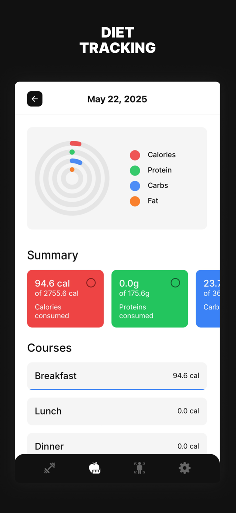 One Fitness App - Dashboard nutrizionale dell'app One Fitness per monitorare calorie giornaliere e macronutrienti.