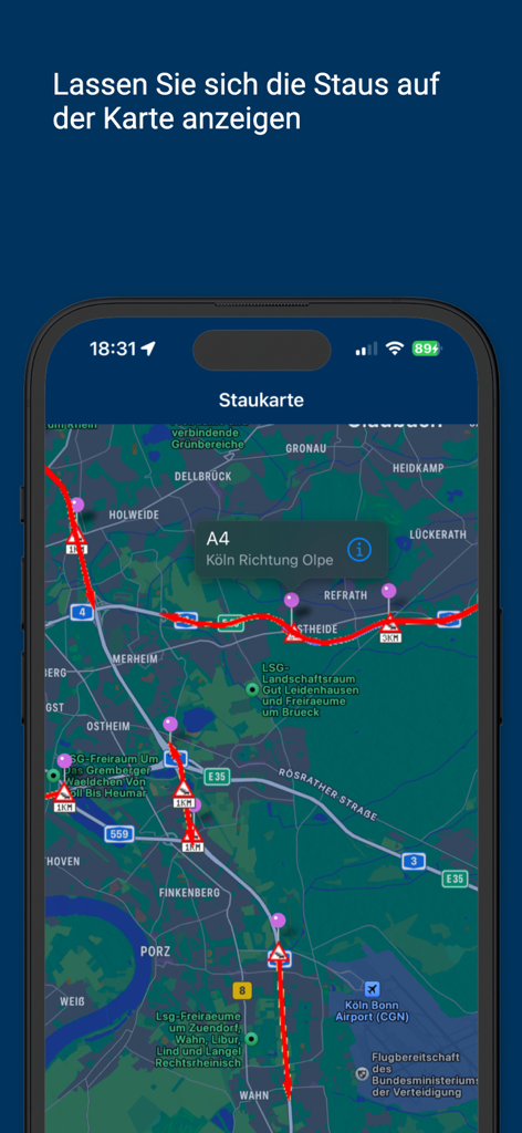 Map view in iVerkehr Pro showing real-time traffic congestion and alerts on German highways