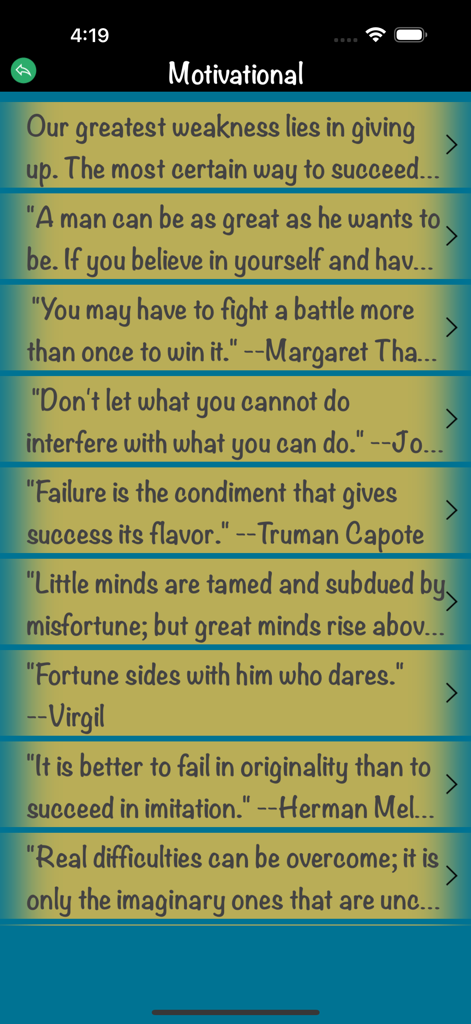 Motivational Quotes Love Quote - Uma lista de citações inspiradoras e motivacionais de autores famosos exibidas em um aplicativo móvel.