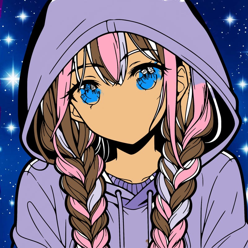 anime girl with long braids and hoodie