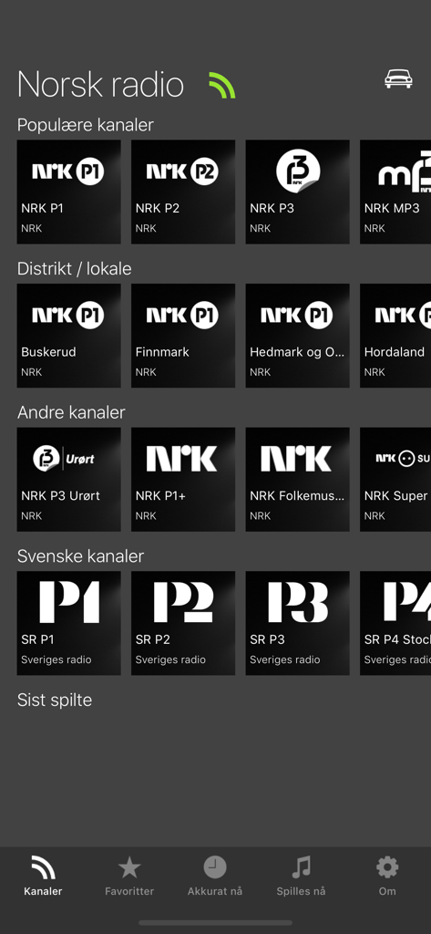 Norsk Radio Nettradio - Interfaz de la aplicación Norsk Radio que muestra canales de radio noruegos populares y locales